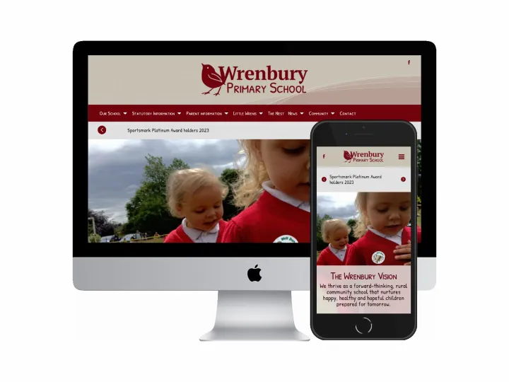 Desktop and mobile screenshots of the Wrenbury Primary School website