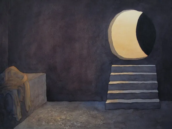 The empty tomb of Jesus from inside looking out- the light coming through the opened tomb highlighting the cloths left on the slab, picking out dimly the features of the space.