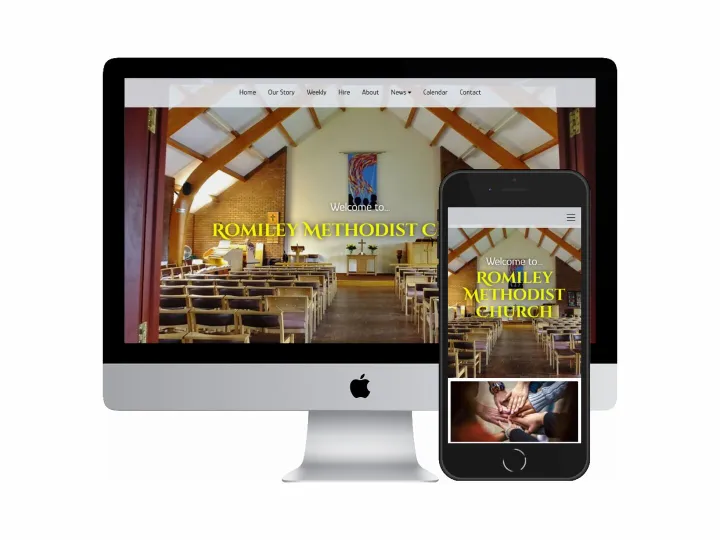 Desktop and mobile screenshots of the Romiley Methodist Church website