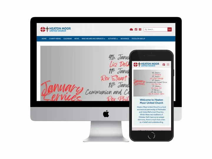 Desktop and mobile screenshots of the Heaton Moor United Church website