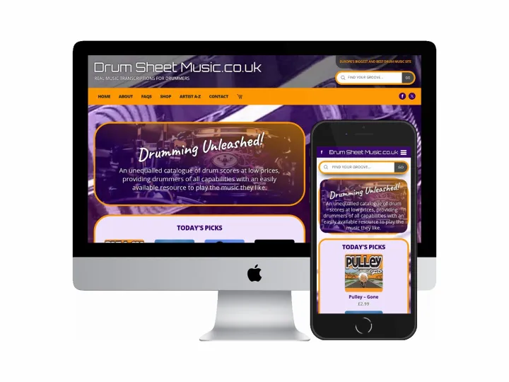 Desktop and mobile screenshots of the Drum Sheet Music website