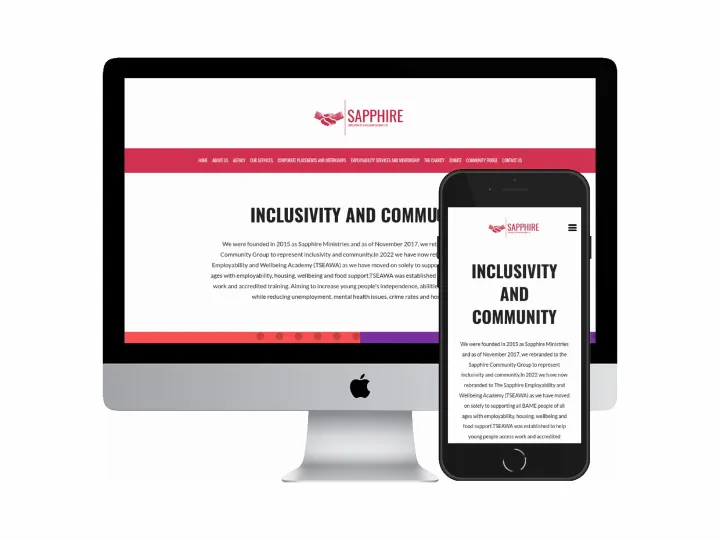 Desktop and mobile screenshots of the Sapphire Employability & Wellbeing Academy website
