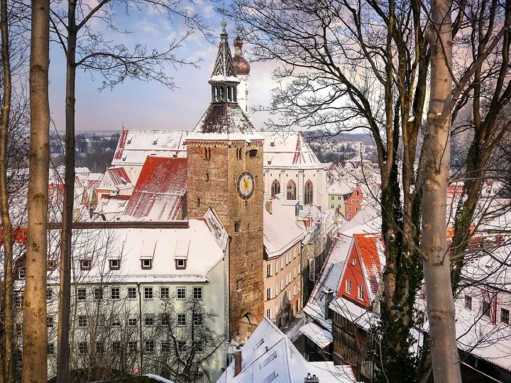 Town, season, winter, nature, trees, tower, roofs, landsberg, historical, building