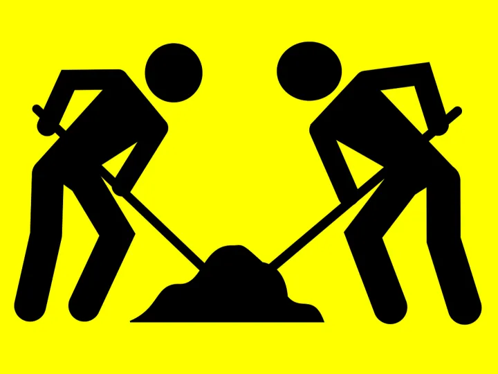 Road sign, roadsign, road work, men, worker