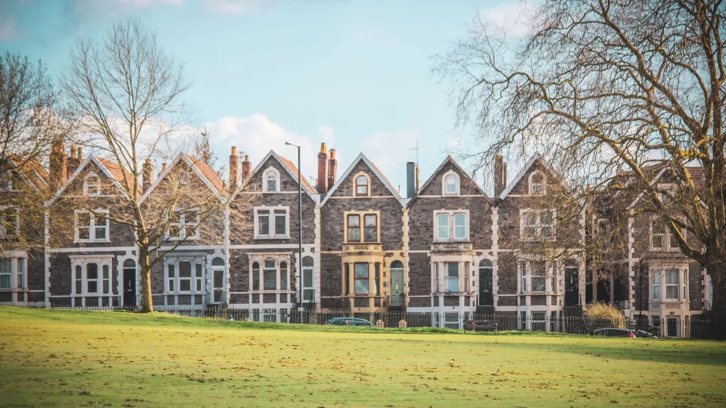 Victorian terraced houses overlooking a green